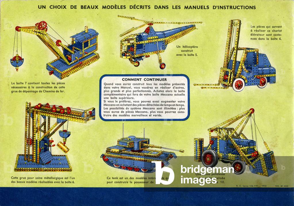 Last cover page of a manual manual, catalogue of the Meccano construction game, 1958 - various machines assembled in reduced model - games, toy, miniature, model -