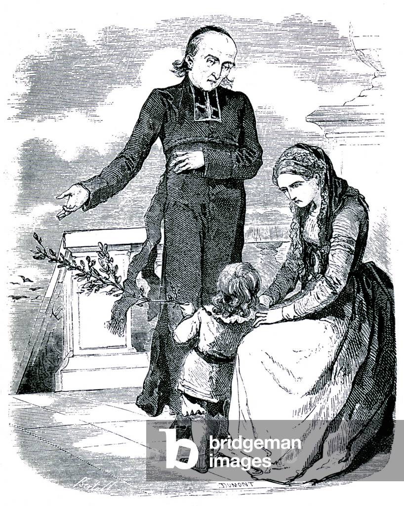 Characters of Honore de Balzac's Human Comedie (1799-1850): Madame Graslin, her child and the cure Bonnet. Engraving mid 19th century: Illustration by Bertall for the novel “Le Cure du village””. Priest and childhood.