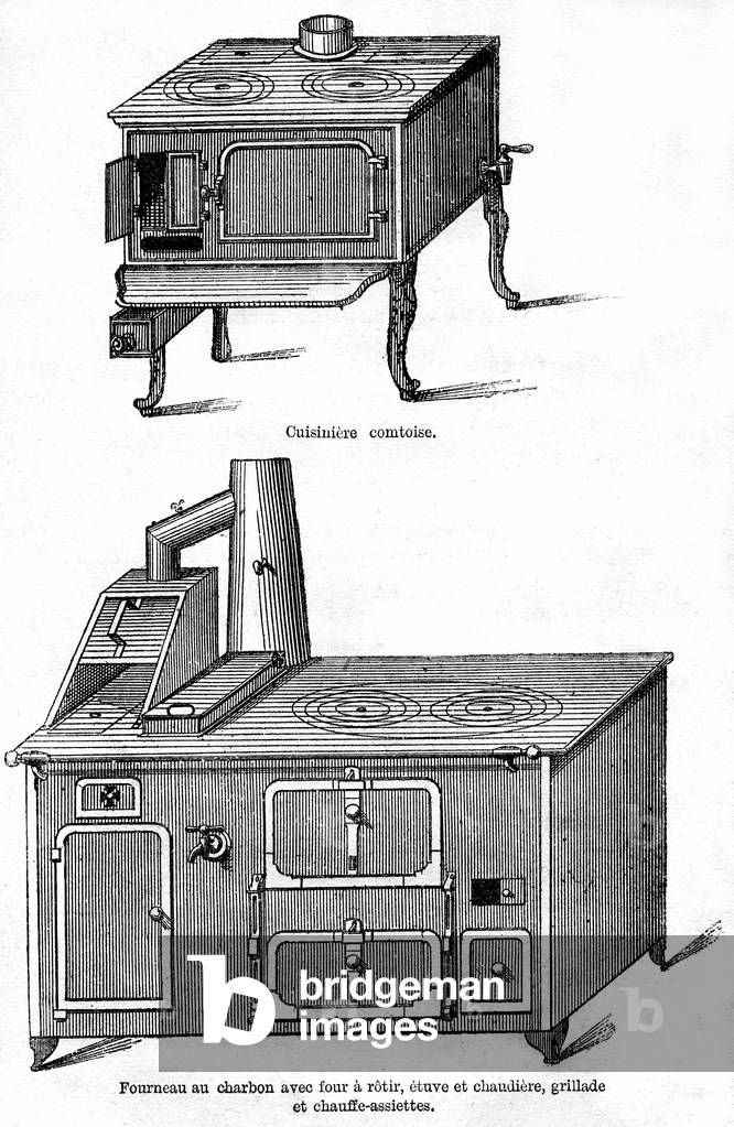 Illustration page of a cookbook at the beginning of the 20th century: cook comtoise and coal stove.