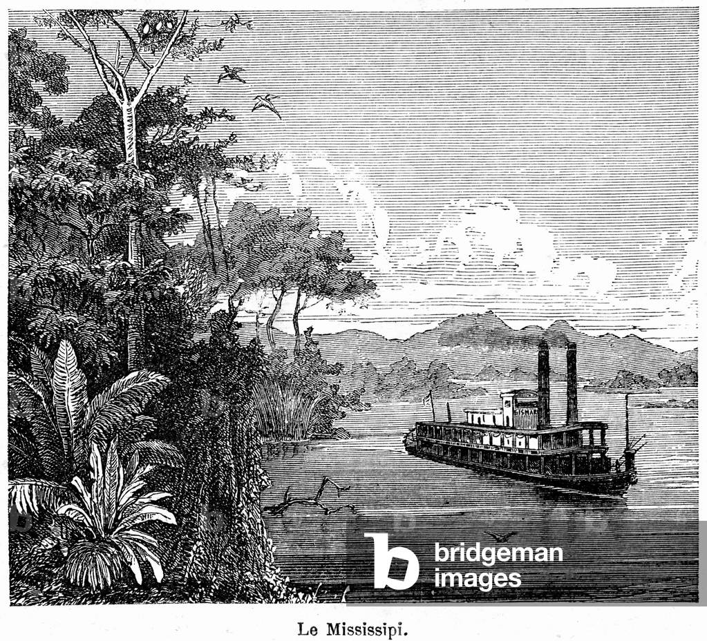 United States of America in the middle of the 19th century: steamboat and wheel on the Mississippi, along a lush forest. Engraving from a French geography book of 1880.
