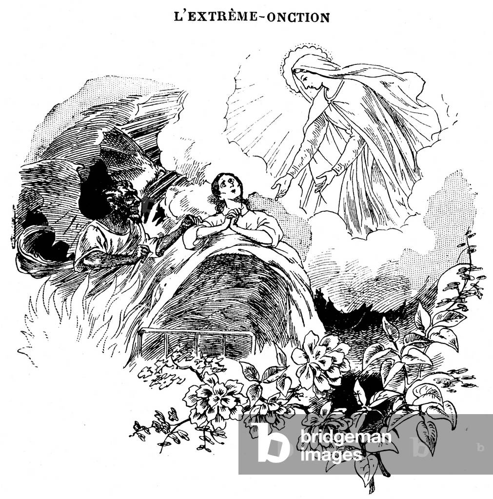 Extreme ontion (extreme anointing, last sacraments): the Virgin Mary and the Devil (Satan) fight for the soul of a dying woman - death, Catholic religion - superstition - Heaven (Paradise) and Hell, good and evil - devotion, depart, beyond - engraving from a religious book beginning in the 20th century -