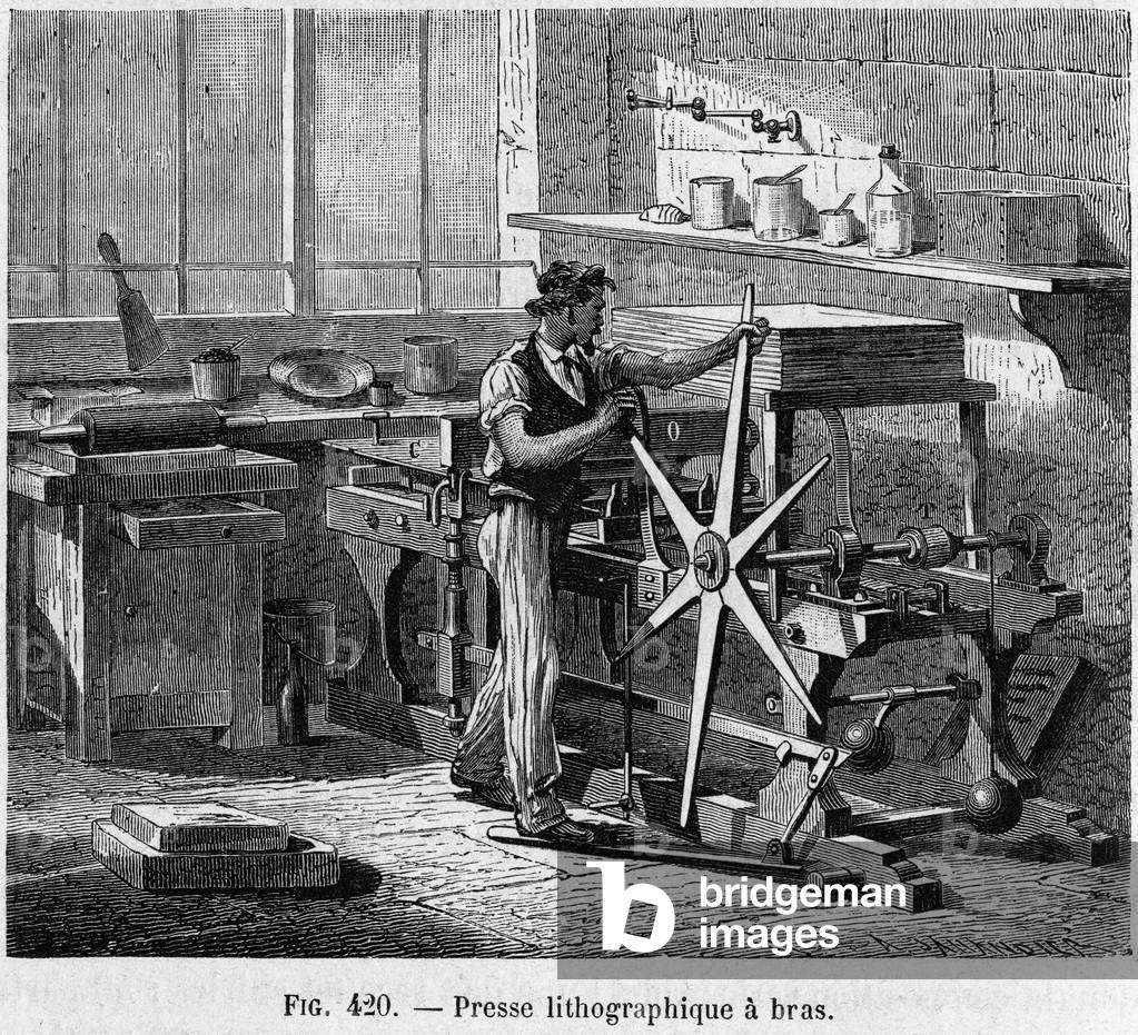 Lithographic press with arms - engraving of “La France industrielle