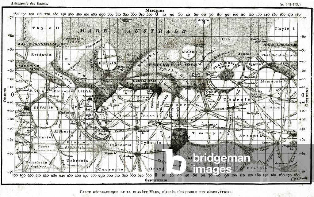 Geographic map of the planet Mars from the work L'astronomy des dames by Camille Flammarion 1903