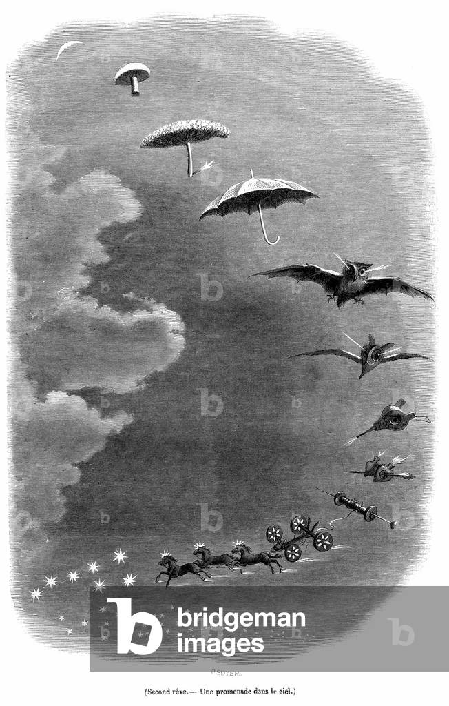 A walk in the sky: engraving by the cartoonist Grandville (Jean Ignace Isidore Gérard, 1803 - 1847), 1847.