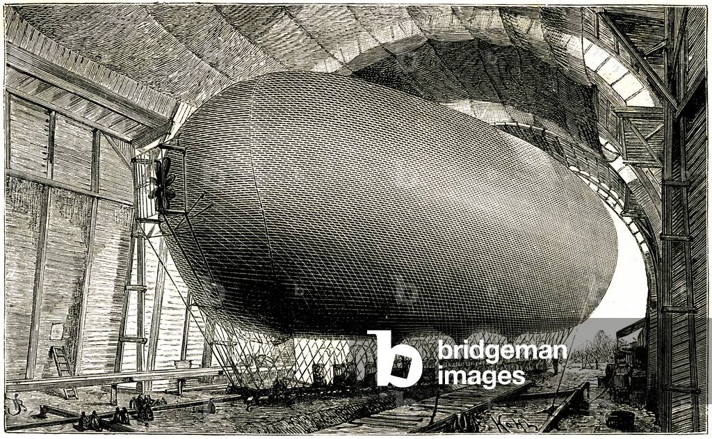Aerostat en baudruche by M. Debayeux, in his shed of Villeneuve-Saint-Georges in 1885 - Engraving illustrating Gaston Tissandier's book “” La navigation aerienne””” in the collection “Bibliotheque des merveilles””” of Editions Hachette, 1886 -