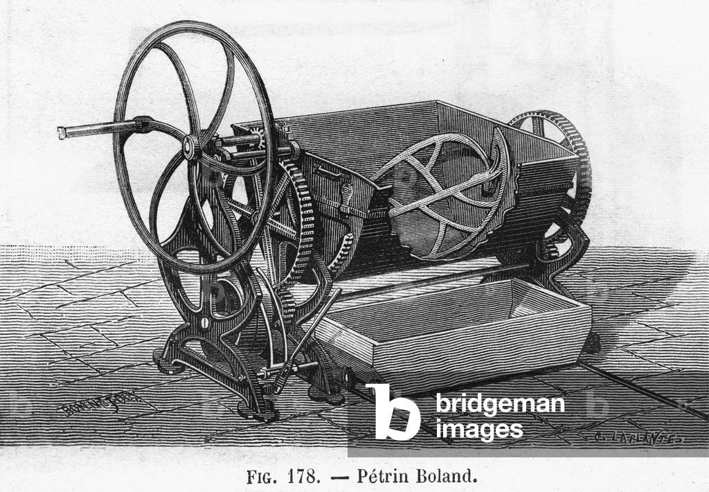 Bread manufacturing: Boland kneading - engraving of “La France industrielle” by Bonnafoux, 1880.