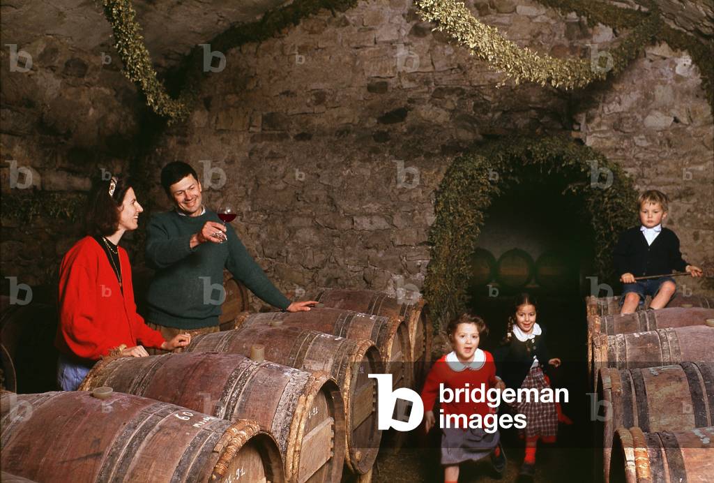 Wine tasting with family in a winemaker's cellar.