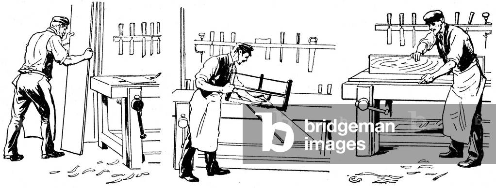 A carpenter chooses, saw and adjusts a wooden board on his bench, early 20th  (print)