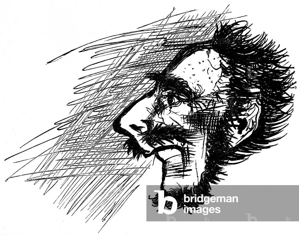 Face of Thenardier, character of the novel Les Miserables. Drawing by Victor Hugo in the illustrated edition Ollendorff 1906 - “” The Thenardier was a small, skinny, blemish, angular, bone, chetive, who looked sick and was a marvellous man; his deception began the... He had the look of a weasel and the look of a man of letters. A filousophe.”” V.H.
