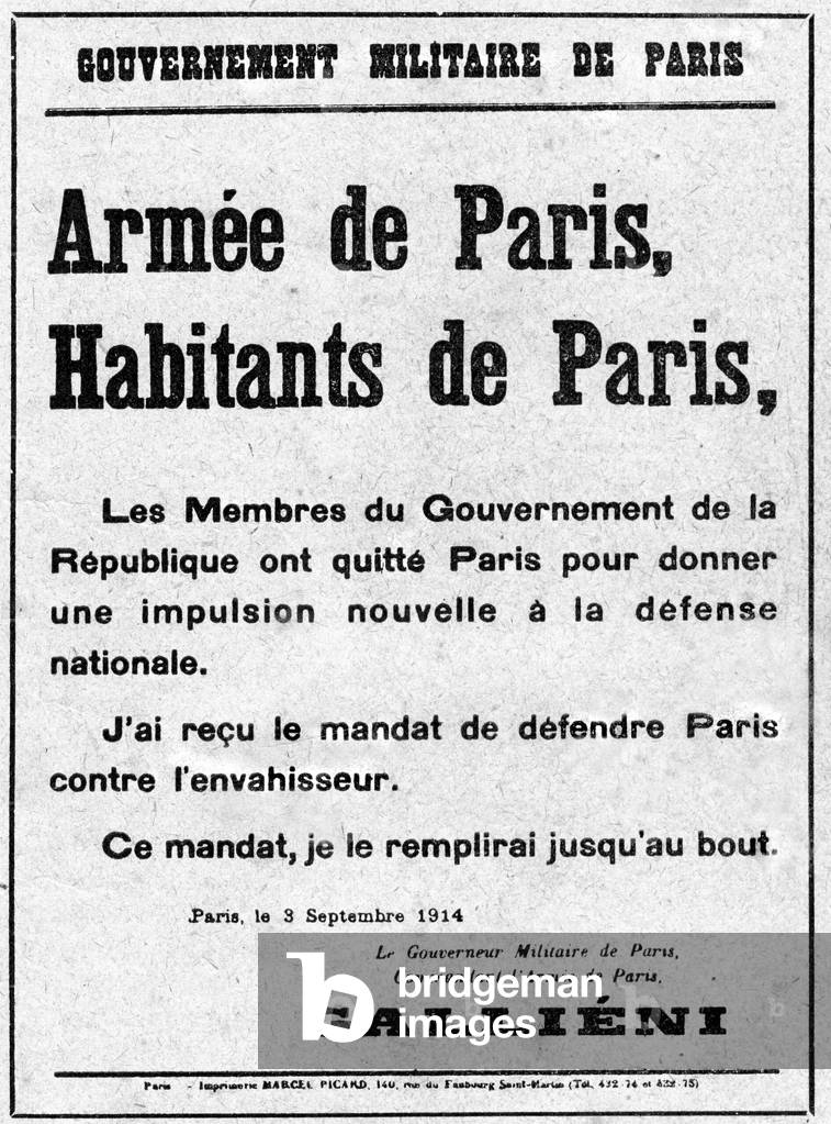 War of 1914-1918: proclamation of General Gallieni placardee on the walls of Paris on September 3, 1914. “” I got a warrant to defend Paris against the invader. I will fulfill this mandate until the end.”