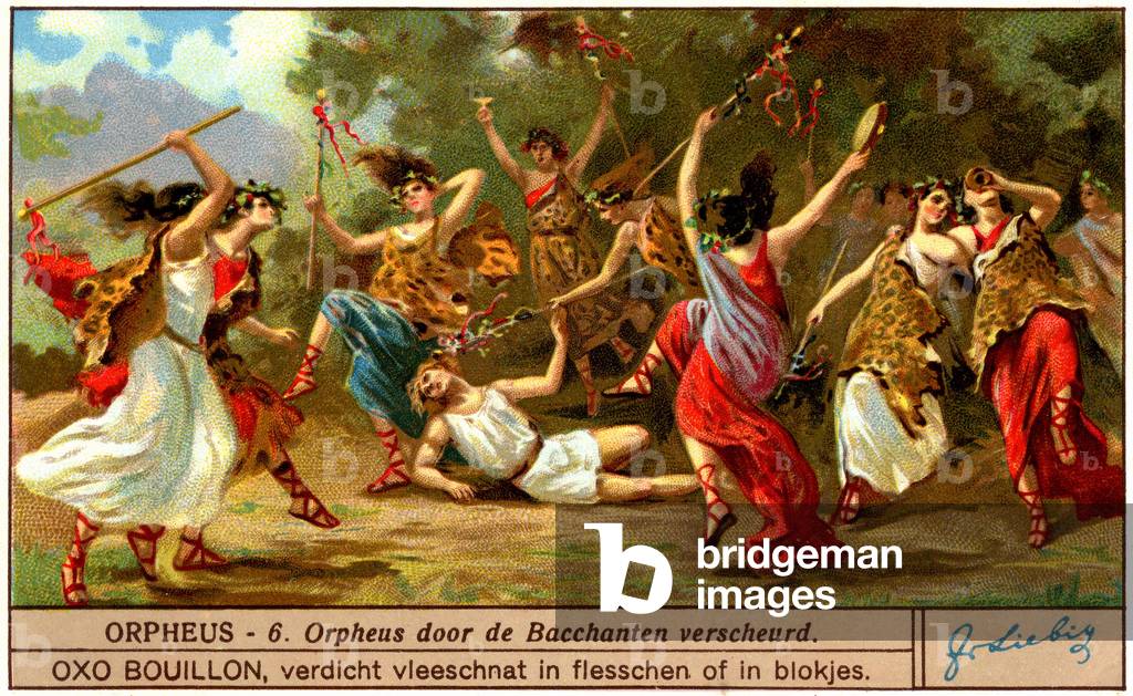 Mythology Ancient Greece: Orphee (Orpheus) kills by the Bacchantes. Advertising chromolithography (chromo - claim) of Liebig meat extract, early 20th century.