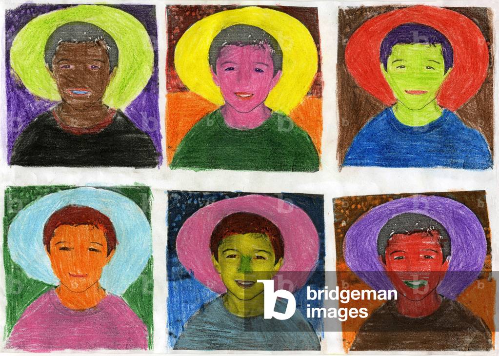 Plastic art work of a 10-year-old schoolboy (Robin Cartier), on 6 colored photocopies of his own face, in tribute to Andy Warhol's Marilyn Monroe series (1962) (Pop'Art serigraphy)