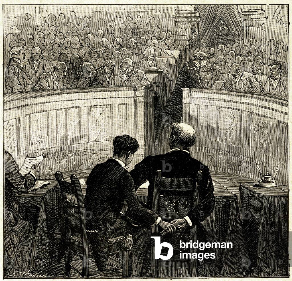 Case (trial) Teste. At the sitting of the Chamber of Peers on 12 July 1847, the son of Jean-Baptiste (Jean Baptiste) Teste (1780-1852) handed over to his father, a former minister of public works accused of corruption, a pistol with which he attempted to commit suicide. Engraving from “” Things seen”” by Victor Hugo.