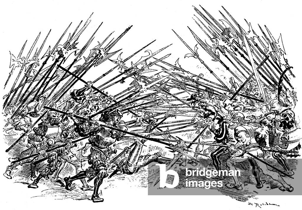 Picrocholine war: assault between two armies - shock of infantry weapons of spears and halebards, 1885
