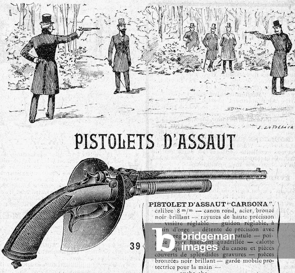 Carbona guns for assaults and duels, representation of a duel with a pistol (engraving)