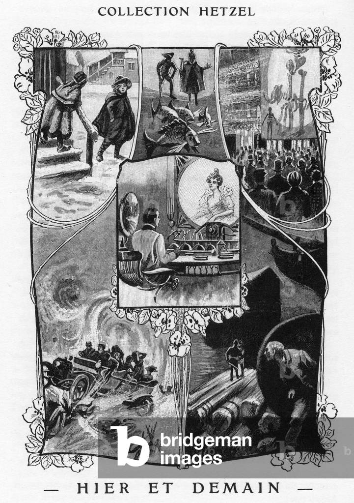 Frontispice of a posthumous book by Jules Verne “” Yesterday and Tomorrow”” (edition Hetzel 1910), constitutes 6 news (some reworked or written entirely by his son Michel Verne): La Famille Raton - 1st publication in Le Figaro Illustre, January 1891, M. Re-Dieze and Melle Mi-Bemol -1st publication in Le Figaro Illustre, December 1801 93, The destiny of John Morenas - young news by J. Verne remaniee, The Humbug (written around 1863), The 21st Century (The Day of an American Journalist in 2889) - probably written by Michel Verne, and The Eternal Adam - written by Jules Verne at the end of his life. Illustrations by Leon Benett, Felicien de Myrbach and Georges Roux.
