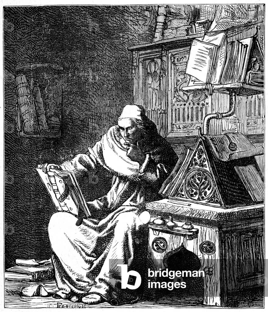 The archdeacon Claude Frollo is a pensive addition to his writing: engraving by G. Brion illustrating Victor Hugo's novel “Notre Dame de Paris””, Ollendorff edition beginning 20th century.