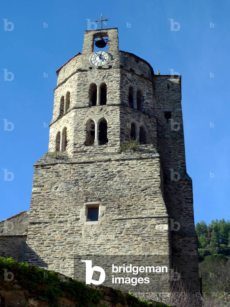 Gothic bell tower in shale 16th century of the church of Mas-Cabardes (Mas Cabardes) - Black Mountain, Aude, Lanquedoc. Photography Patrice Cartier