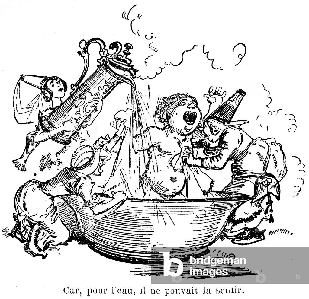 The toilet of the young Gargantua (bath). The monstrous child doesn't like water! (he hates it, can't feel it). Illustration of Robida for the Gargantua de Rabelais - Librairie Armand Colin debut 20th century.