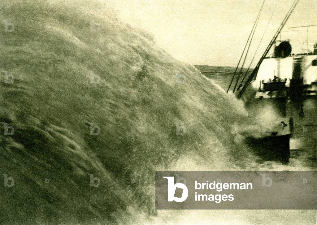 Tempete at sea. The arrival of a sinking wave on the deck of a boat. Photo David 1929.