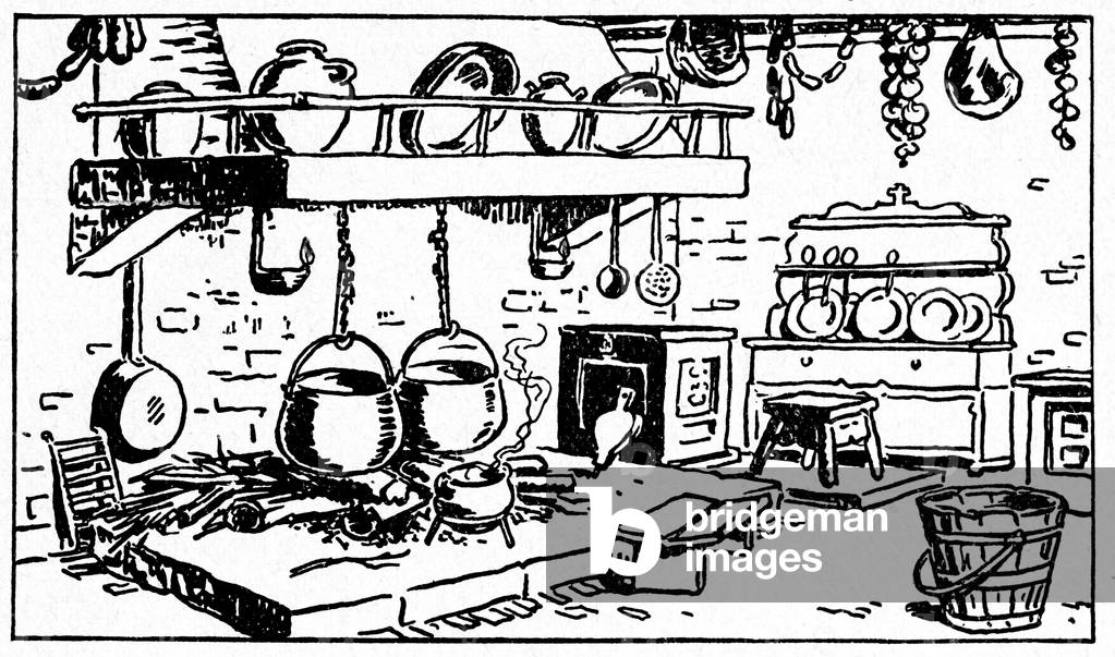 "Ottima cucina contadina in una fattoria all'inizio del XX secolo. Camino con pentole. Incidere un libro scola