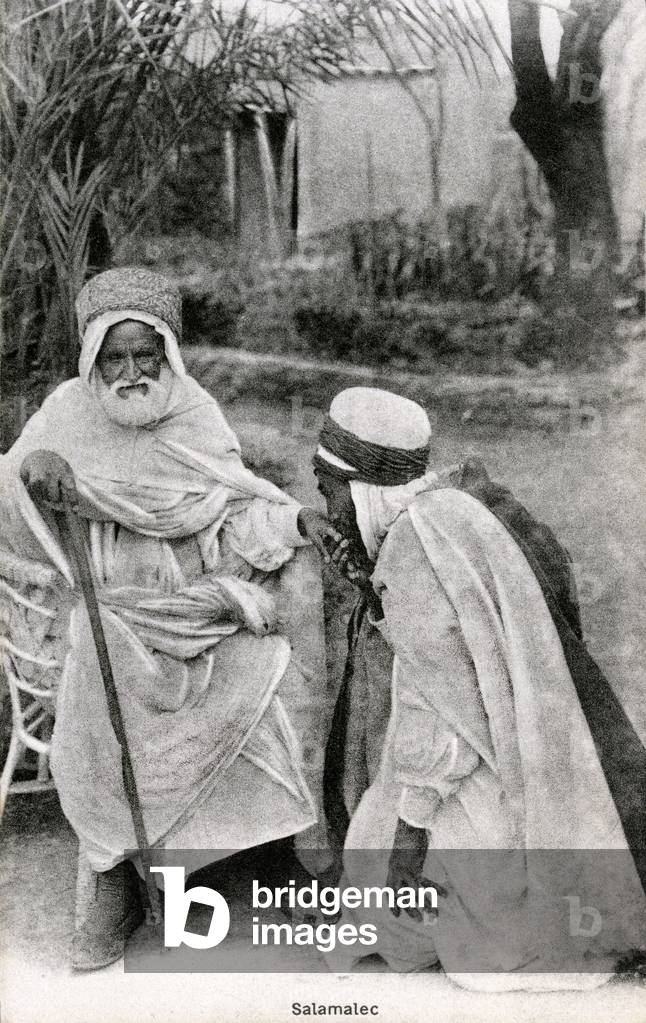 Various ways of greeting oneself in the world: respectful salvation among the Arabs (salamalec, assalamu alaykum), peace formula with a kiss on the hand - good manners, respect for a former (old man), politeness, authority - Postcard beginning 20th century, Ideale P.S.