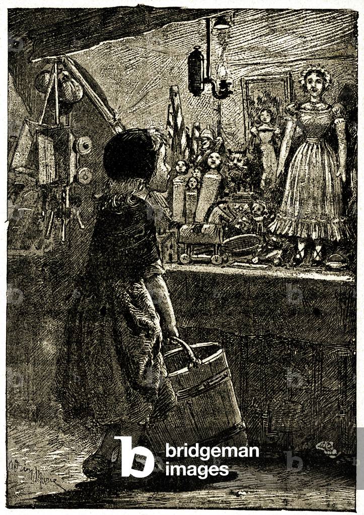 Les Miserables, Cosette is staring at a doll in a toy store, 1906 (illustration)