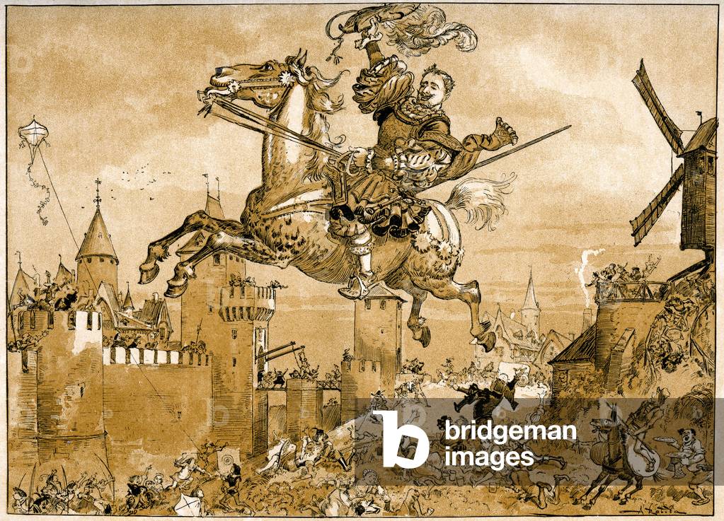 Pantagruel, the Quartier livre - Le bon geant Pantagruel jumps a horse over a fortified city, 1885-90