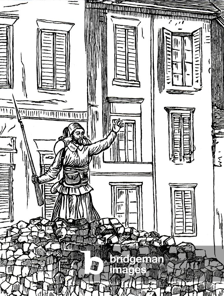 Le Turco de la Commune: Illustration late 19th - early 20th century of Alphonse Daudet's “Tales du Mon” (1840 - 1897) - Kadour, Zouave or Algerian shooter, rifle in hand on a barricade during the Paris Commune in 1871 -