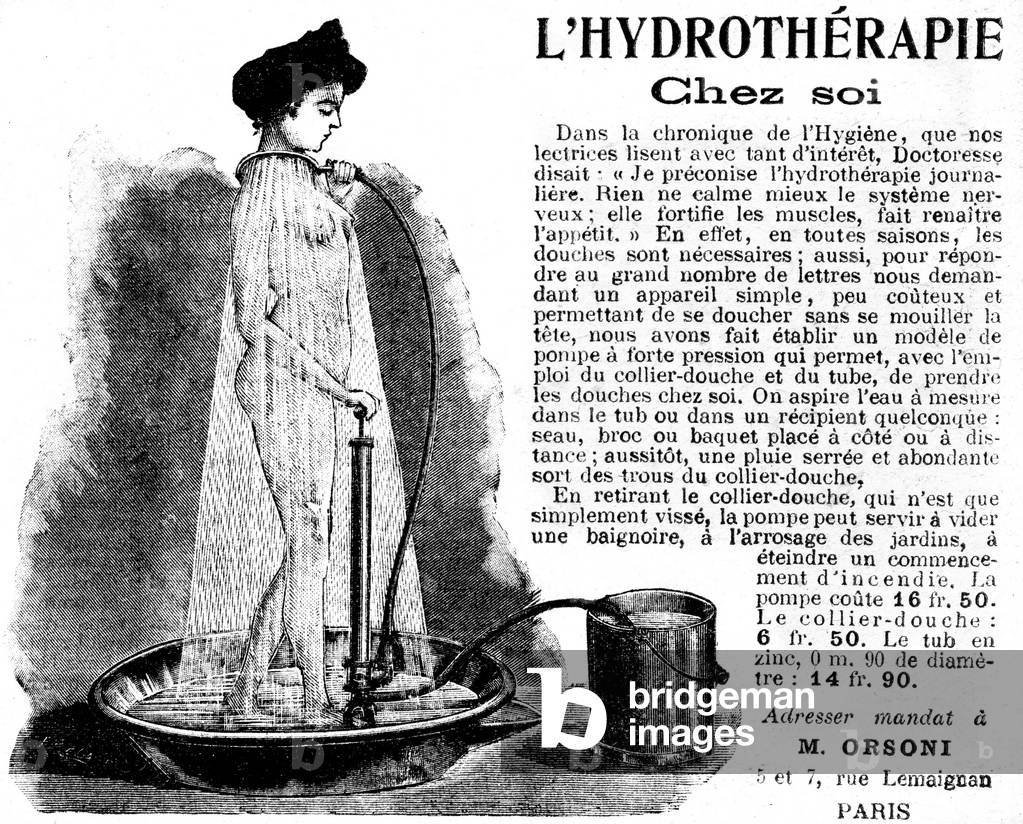 Hydrotherapy at home: toilet and shower device by water pump and shower collar. Rerclame of 1906