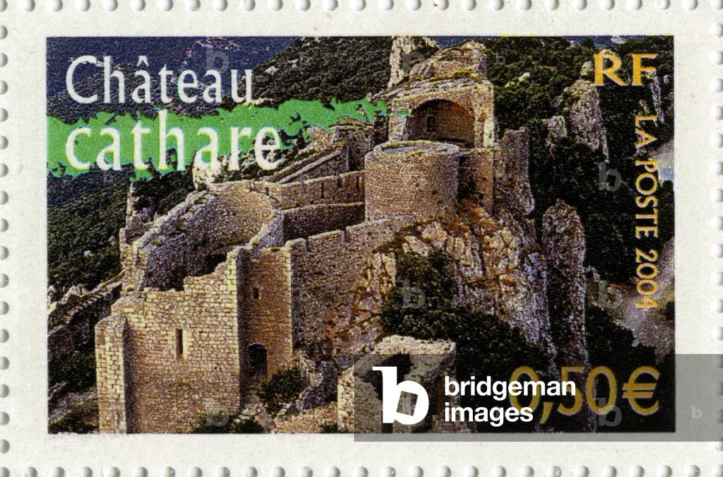 French stamp representing the Cathar Castle of Peyrepertuse. (print)