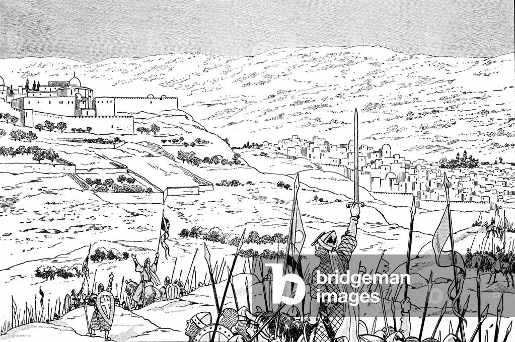 First Crusade (1096-1099): The Armee of the Crusades, which has gone back to the Holy Places, arrives before Jerusalem. Illustration of Job (Jacques Marie Gaston Onfray and Breville) (Jacques-Marie) (1858-1931) for the book “Les grands mots historiques du pays de France”, Mame editions, 1915. Privee Collection.