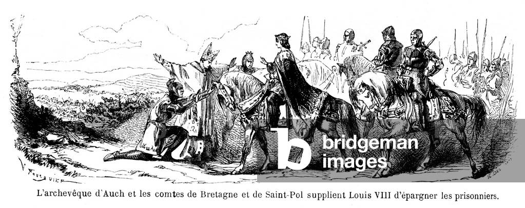 Crusade - Cathars - King Louis VIII marching against the Albigeois heretics. The Archeveque of Auch and the Counts of Saint Pol begged him to spare the prisoners. Engraving of the History of Popular France by Ch. Lahure 1862.