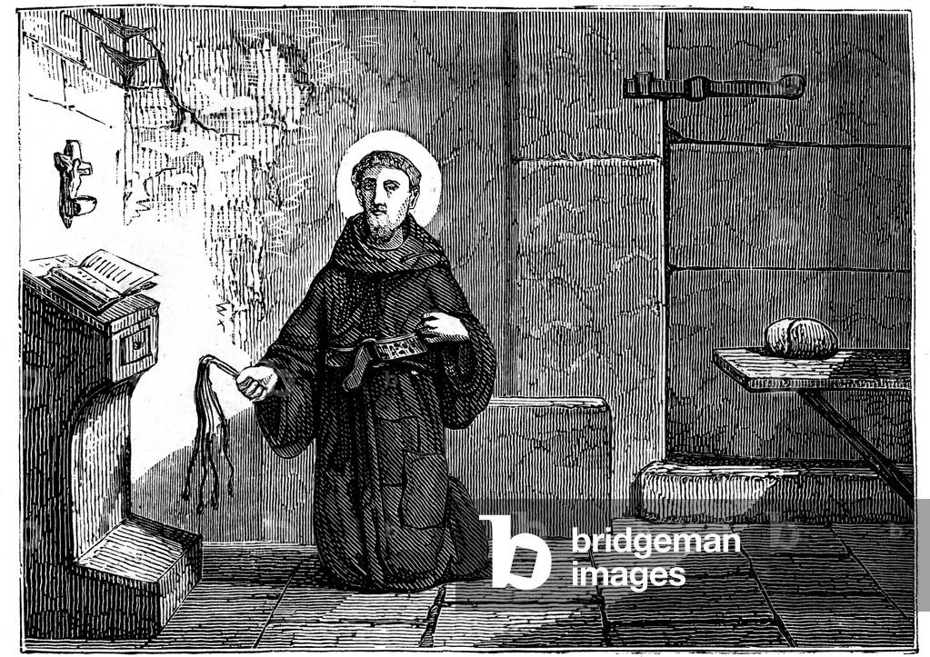 Saint James of the March (Giacomo della Marca) (1391-1476) depicts in his cell as a Franciscan monk, a whip (swift) in his hand, carrying cilice, belt with spikes - flogging - self-flagellation - mortification - Fete de St James de la march (Roman calendar) on November 28 - engraving middle of the 19th century -