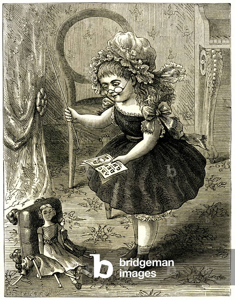 The little teacher: the little teacher. A little girl lectured at her doll, like a teacher. Illustration of an English book for children (Sunny days for little people), early 20th century.