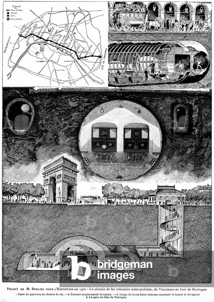 Metropolitan tubular railway from Vincennes to the Bois de Boulogne (Parisian metro) - Elabore project by M. Berlier for the 1900 exhibition in Paris - map of the route, tunnel drilling works, section of the rue Saint-Antoine showing the tunnel and the egouts, station of the Arc de Triomphe (Place de l'Etoile) - Excerpt from the magazine Les Annales Politics and Literaries, December 1894 -