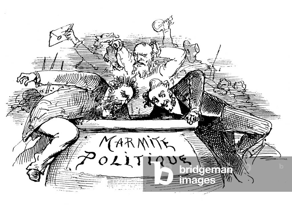 Politicians drawing from soup - election cooking, 1875 (engraving)