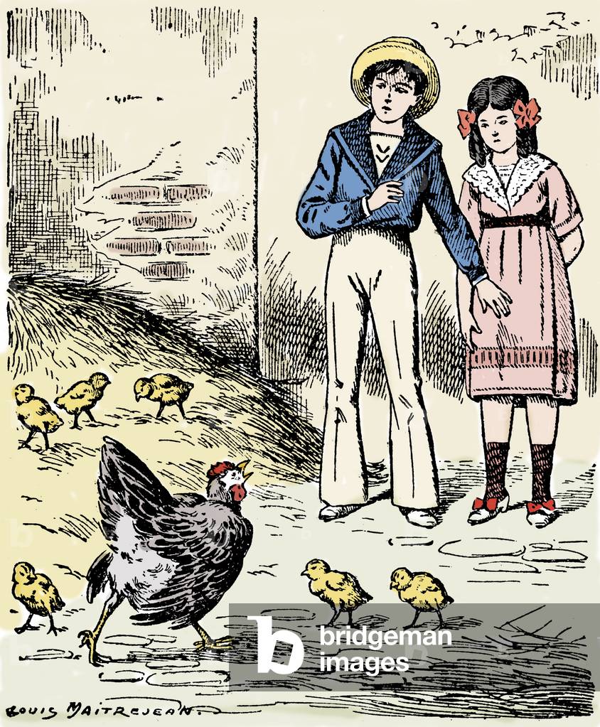 Two children facing a hen and her chicks in a chicken coop. Illustration by Louis Maitrejean (1895-1947) for a school book around 1930.