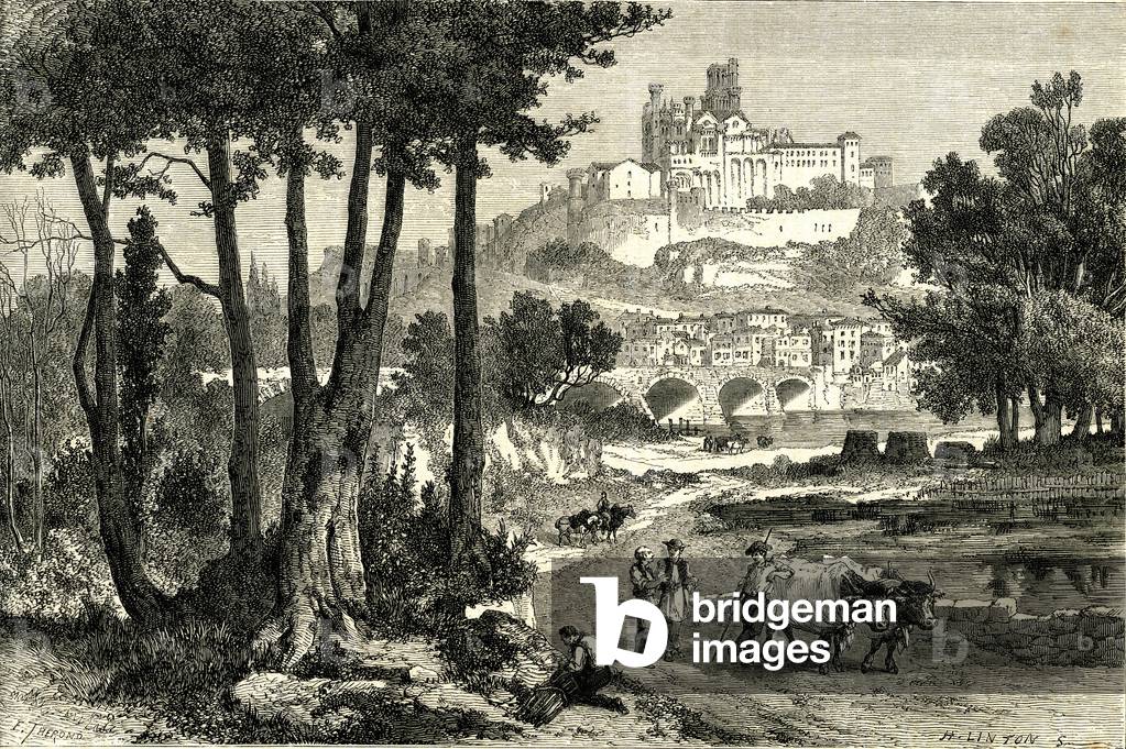 Beziers (Herault, Languedoc), general view. Engraving 19th century. In the foreground: hitch of oxen on the shore of the Orb River. At the bottom, St. Nazaire Church.