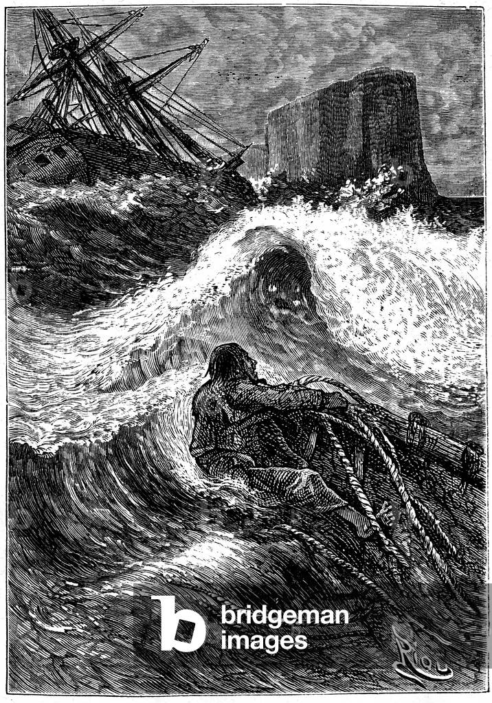 Sinking at Sea - Illustration of Jules Verne's novel “” The Chancellor”” - Drawing by Riou grave by Barbant.