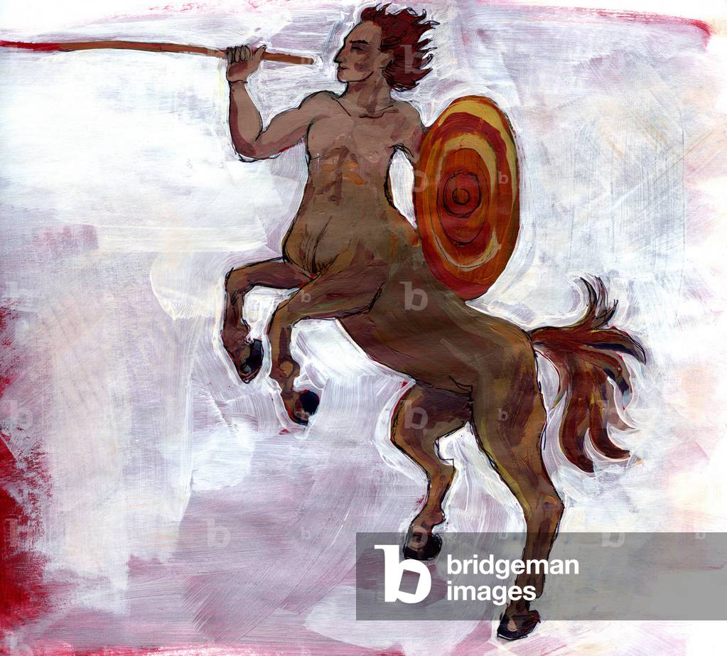 Centaur wielding a spear and a shield. Original gouache by Marie Joly 2010. Private collection, rights artist OK.