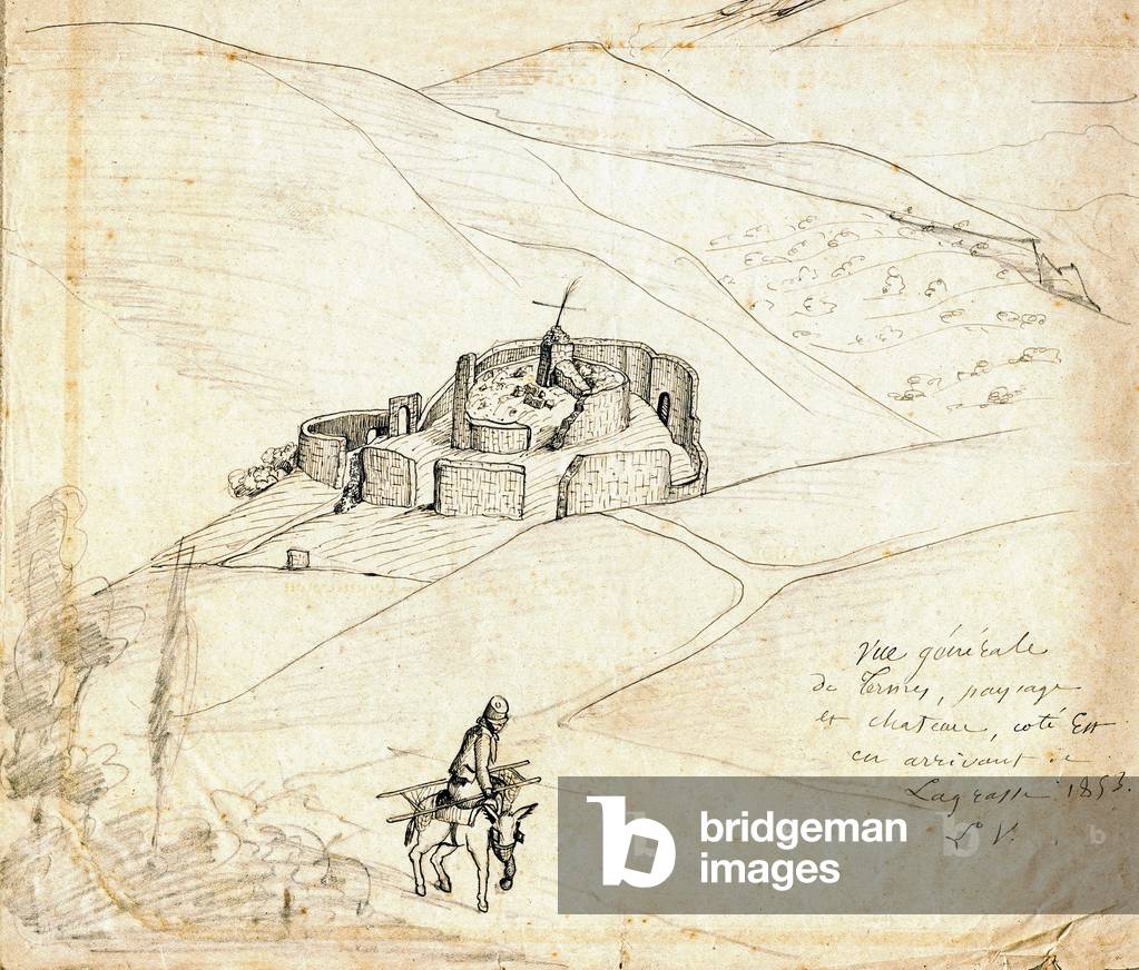 Schizzo delle rovine di un castello del Pays Cathare, Termes dans l'Aude (Corbieres, Languedoc) realizzato da 