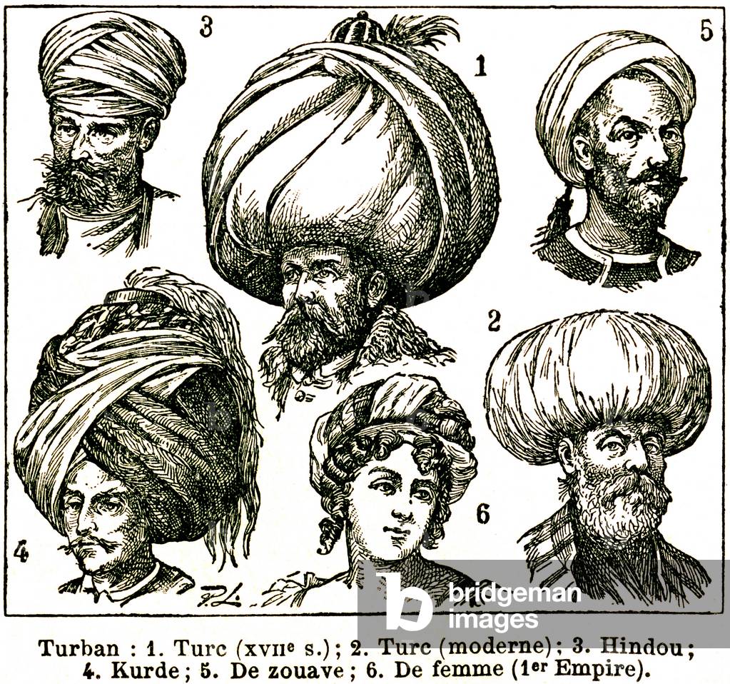 Various kinds of turban: ancient Turkish (17th century) and modern Turkish, Hindu, Kurdish, Zouave, woman (1st empire). Excerpt from the Nouveau Larousse Illustrous from 1900.