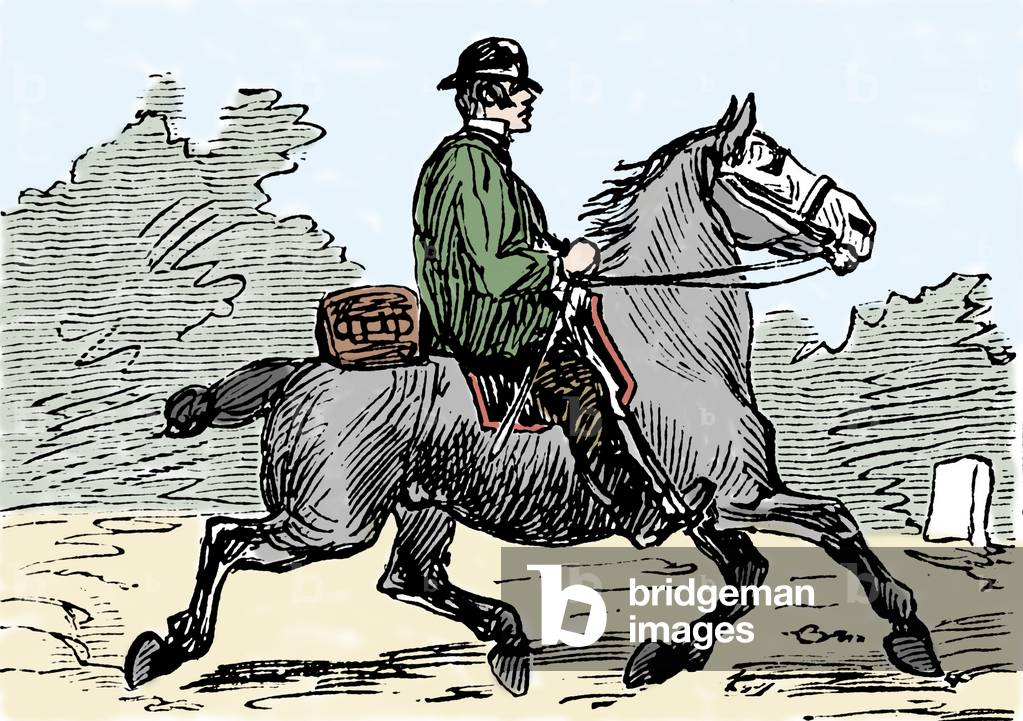 Trot rider on his horse: IIllustration of a school book 1901