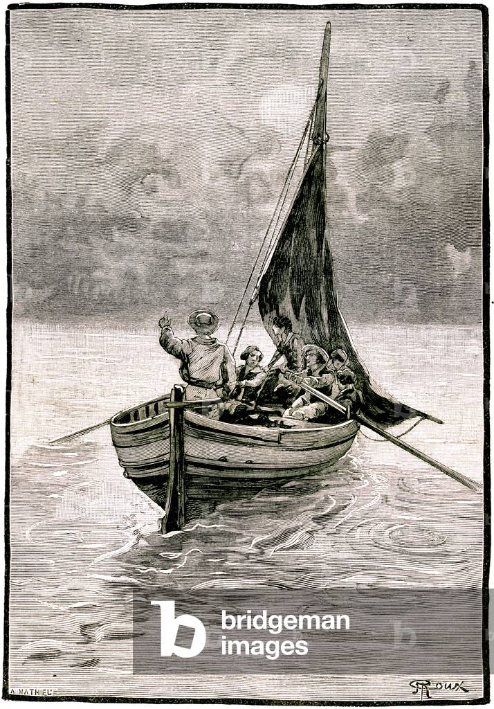 Let's go the sea is beautiful Sailors (sailors) rowing in a boat. Engraving by Georges Roux for the book of Jules Verne “” Second Homeland””.