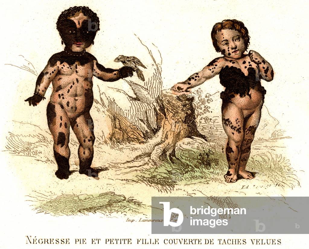 Human monster: negro woman pie (black half, white half), 19th century (illustration)