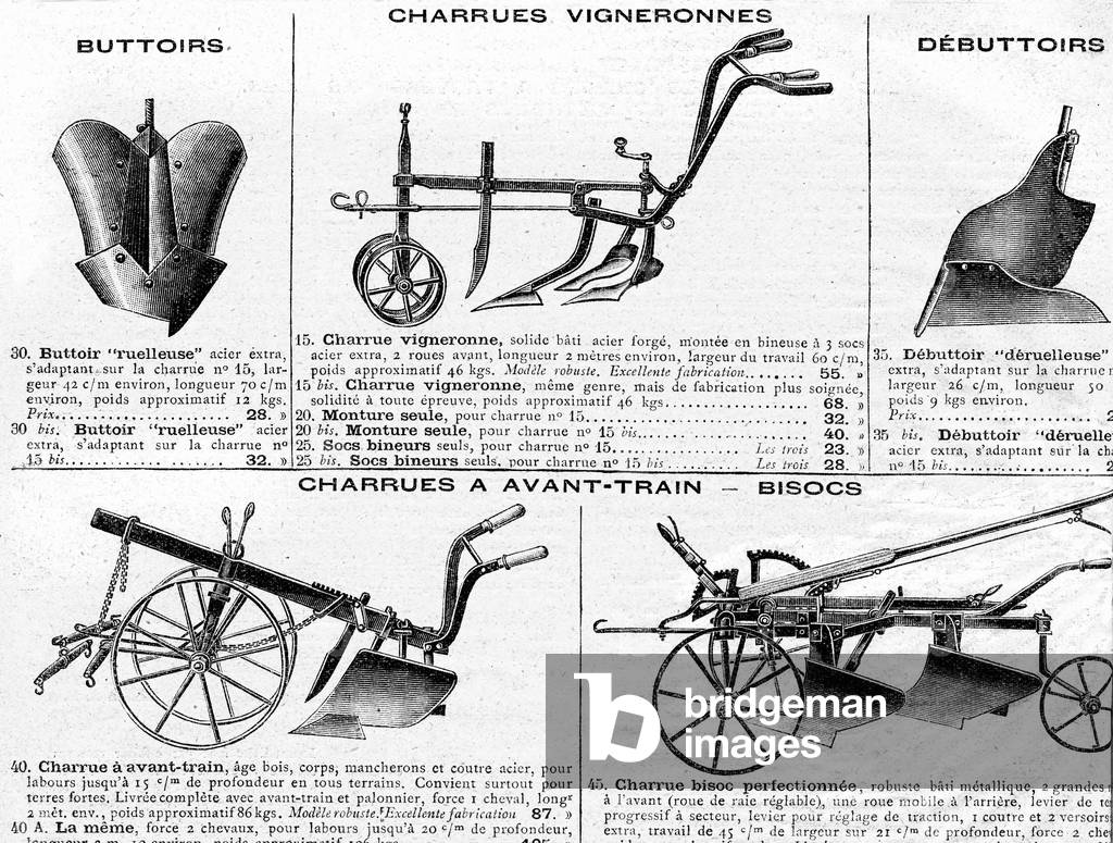 different types of plows (winemaker, foretrain, bisoc). Engraving from the catalogue of the Manufacture Francaise d'Armes et Cycles de Saint Etienne, 1913.