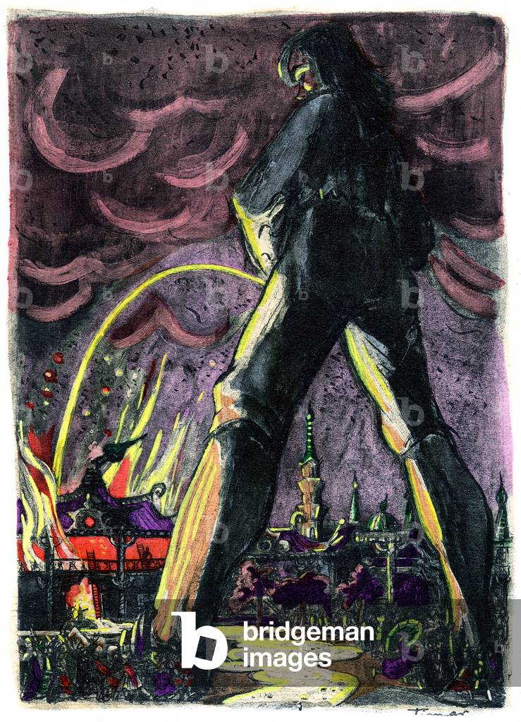 Gulliver urinates on flames to extinguish the fire of the palace of the Empress of Lilliput, 1940 (illustration)