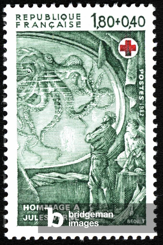 French stamp issued in 1982, in tribute to the writer Jules Verne (print)