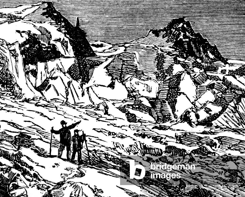 View of the Alps with snow-capped peaks with two walkers. Engraving by Yon (detail) for the story of Paul Verne “” Fortieth ascension francaise au Mont-Blanc”” (Mont Blanc) 1871.